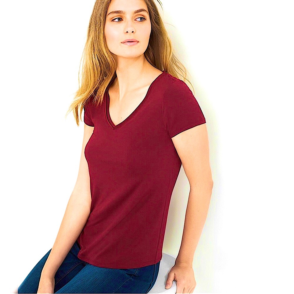 Express Burgundy One Eleven Fitted Knit V-Neck T-Shirt, Women’s Size XS.